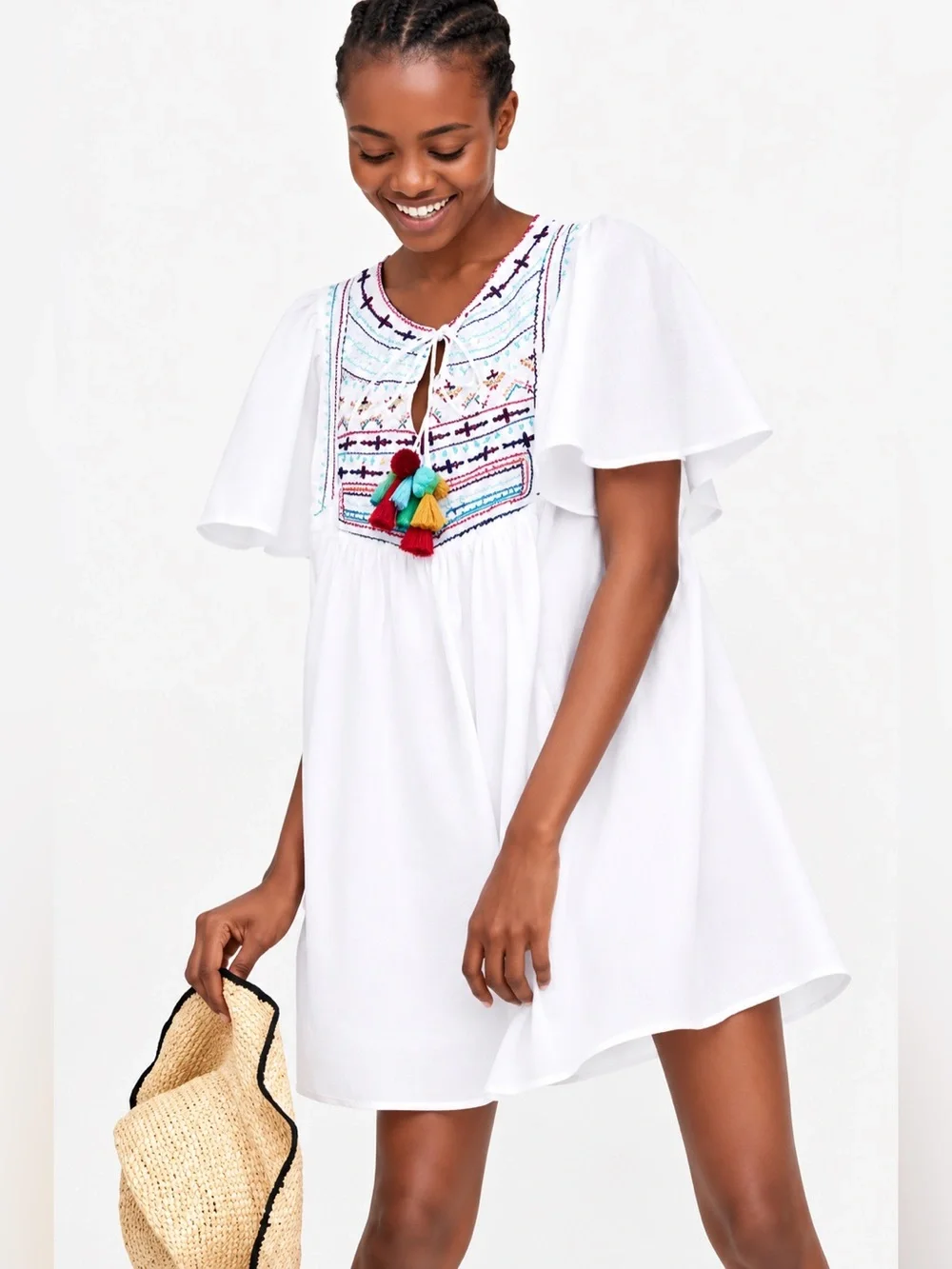 Zara TRF White Swiss Dot Embroidered Pom Pom Tassel Boho Tunic Dress M